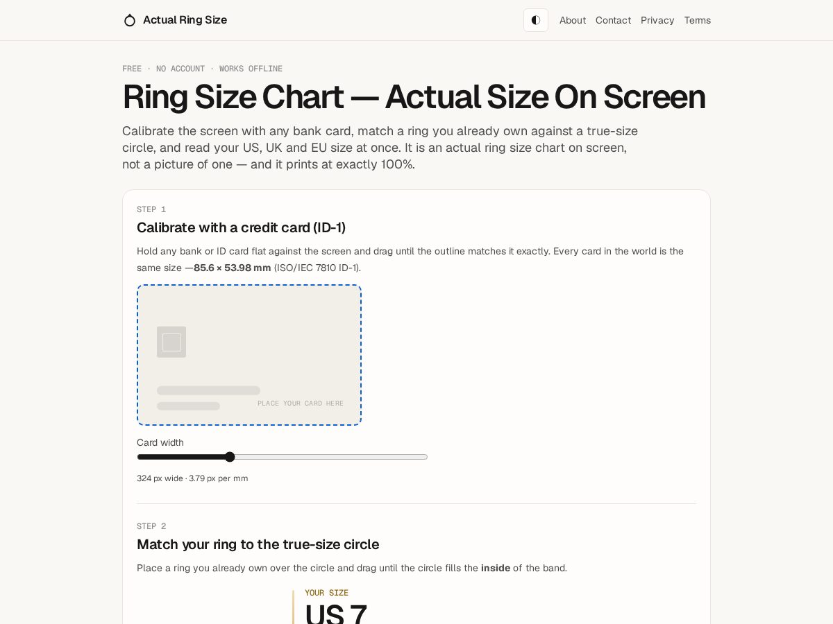 Landing-page snapshot of actualringsize.com