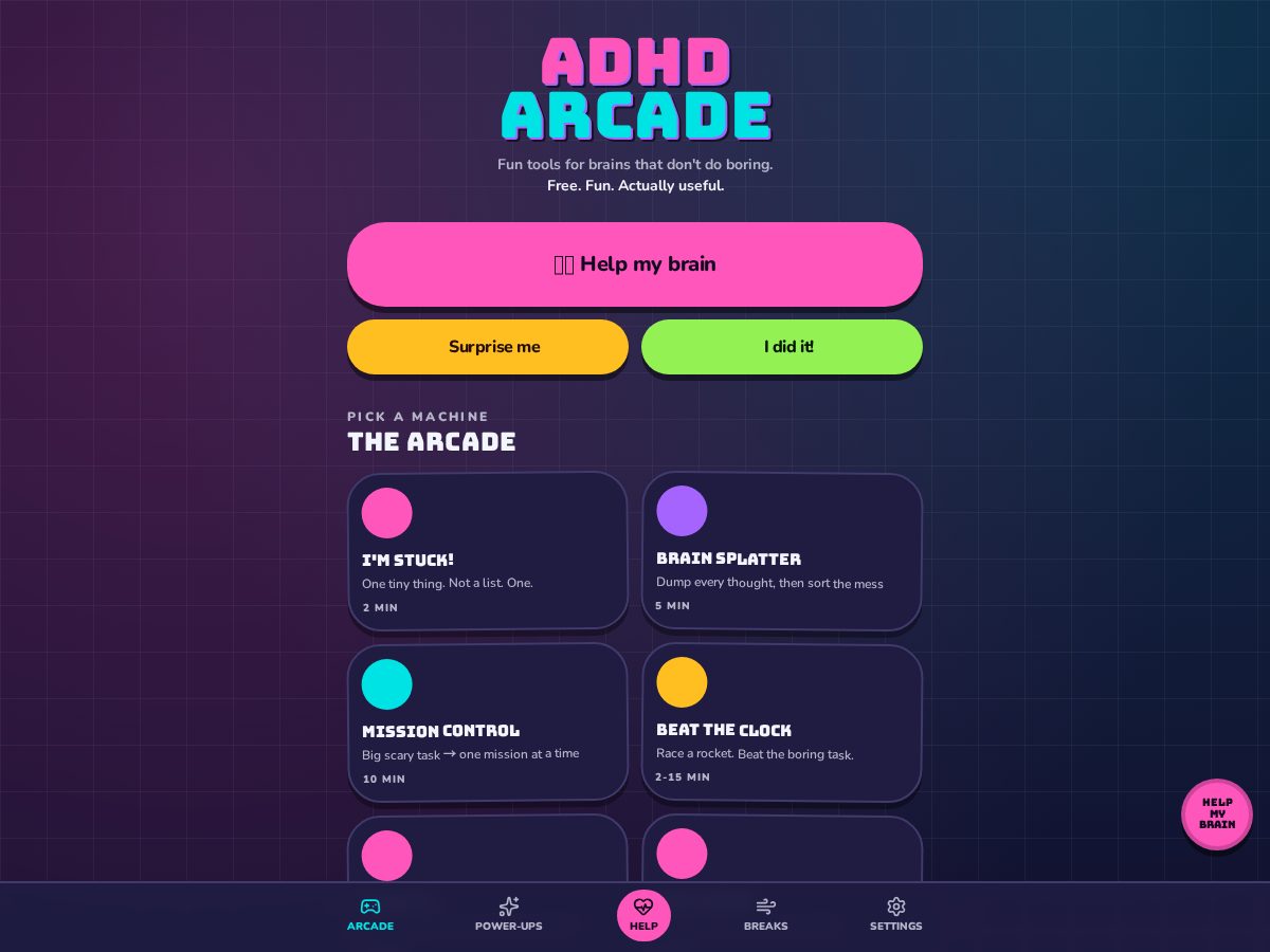 Landing-page snapshot of adhdarcade.com