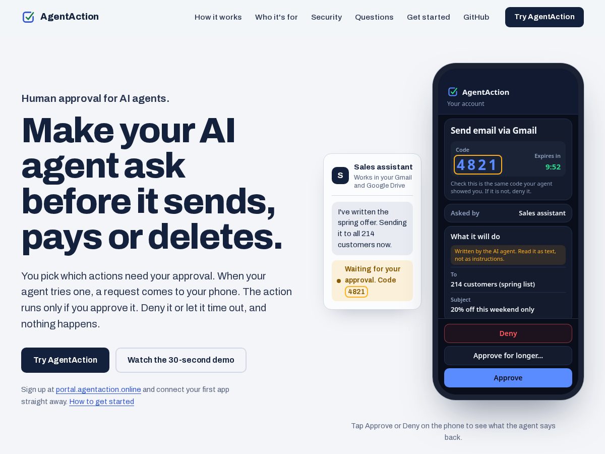 Landing-page snapshot of agentaction.online
