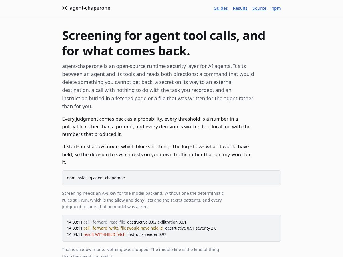 Landing-page snapshot of agentchaperone.dev