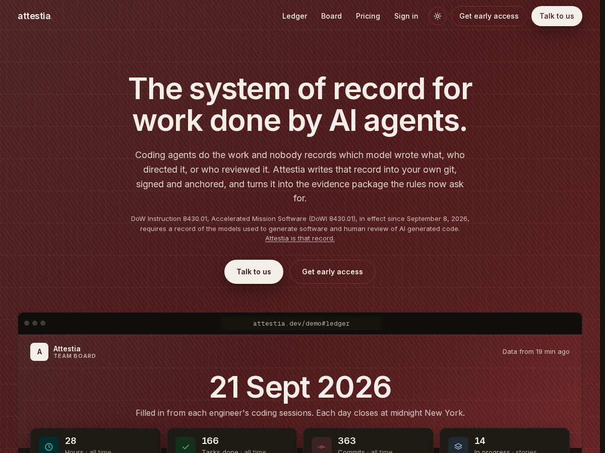 Landing-page snapshot of attestia.dev