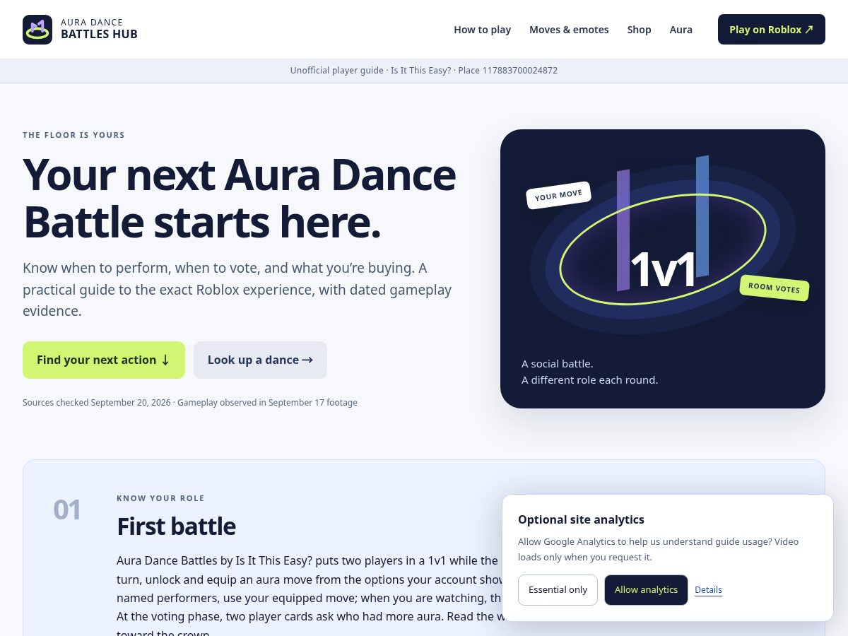 Landing-page snapshot of auradancebattleshub.wiki