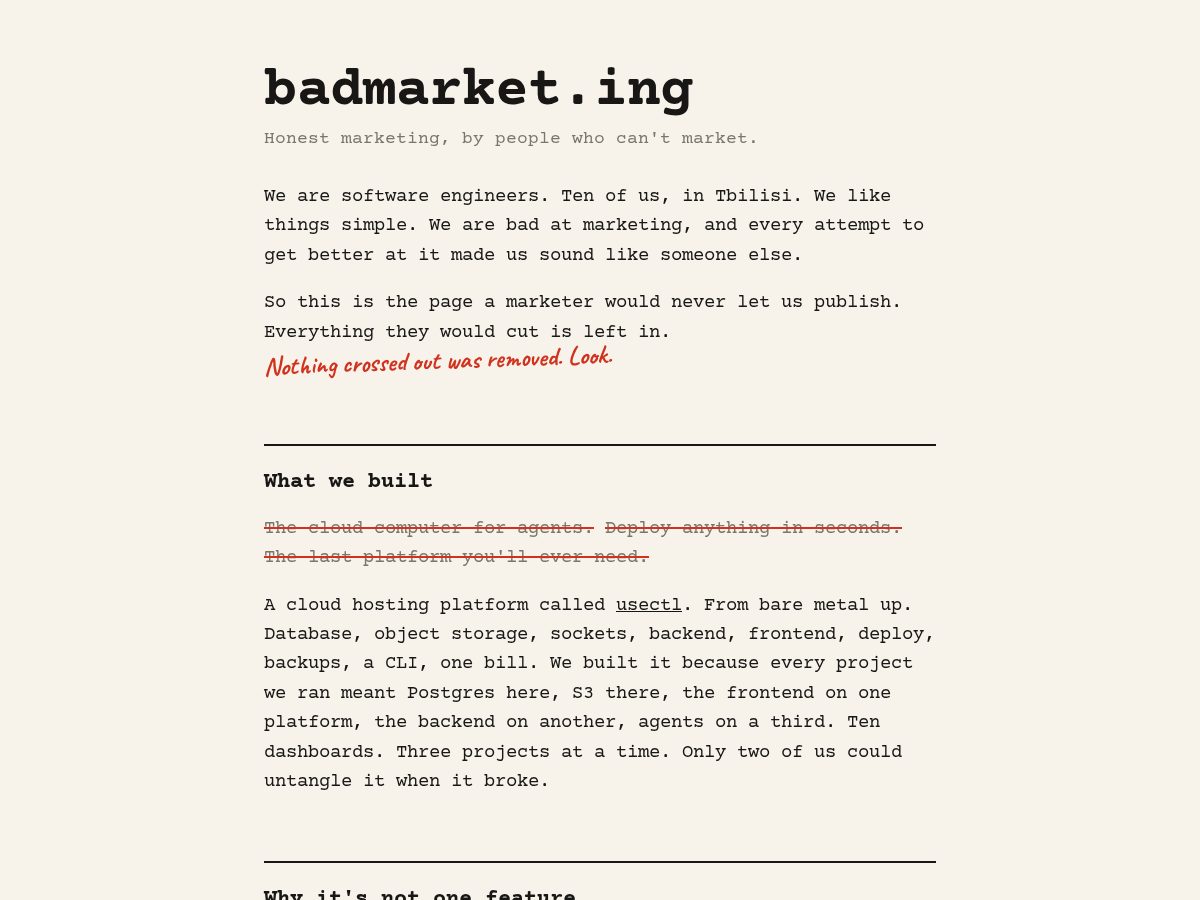 Landing-page snapshot of badmarket.ing