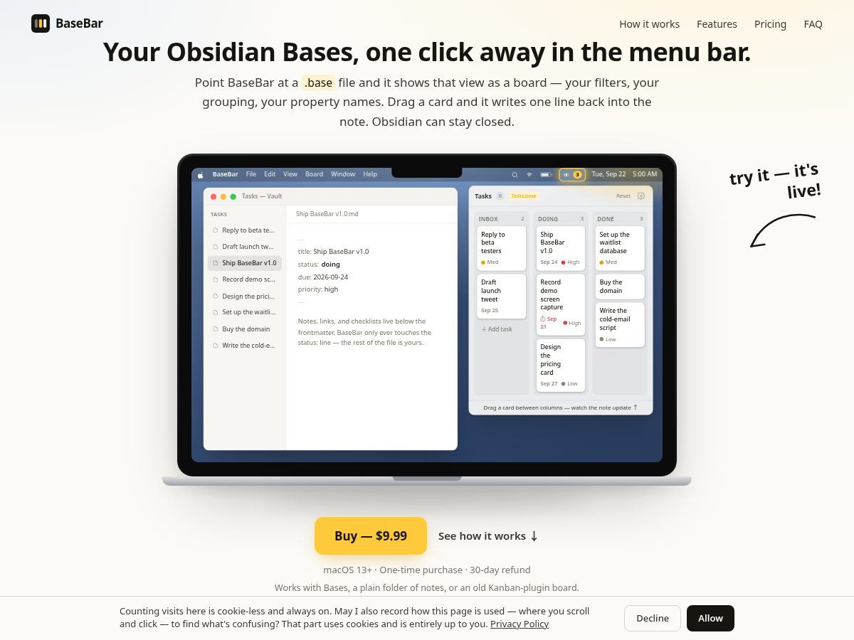 Landing-page snapshot of basebar.app