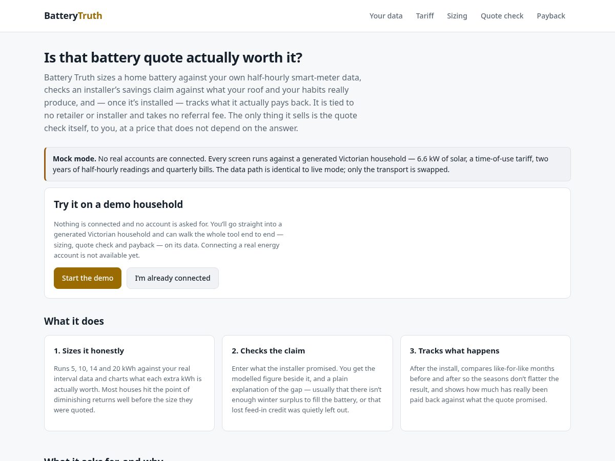 Landing-page snapshot of batterytruth.org