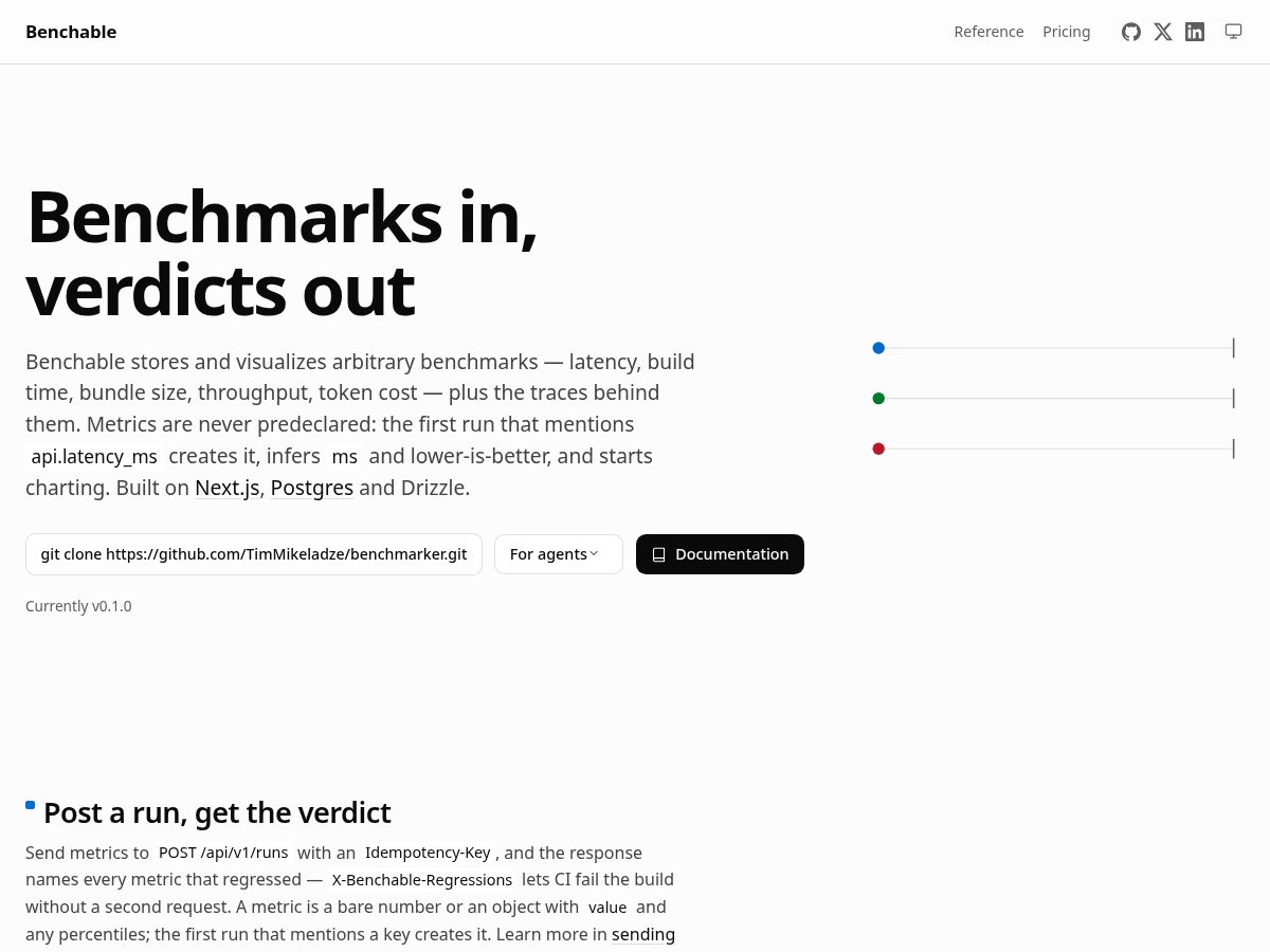 Landing-page snapshot of benchable.dev
