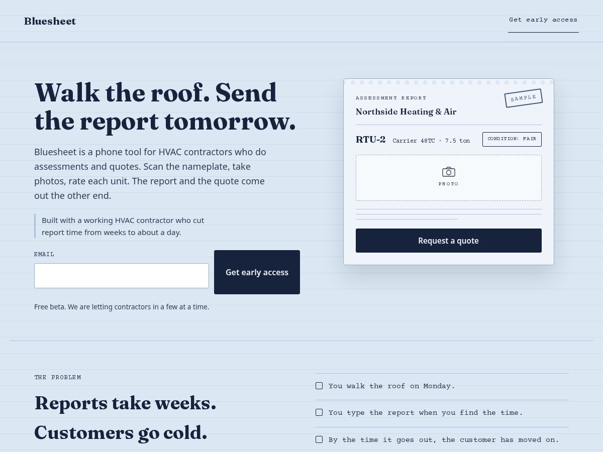 Landing-page snapshot of bluesheet.app