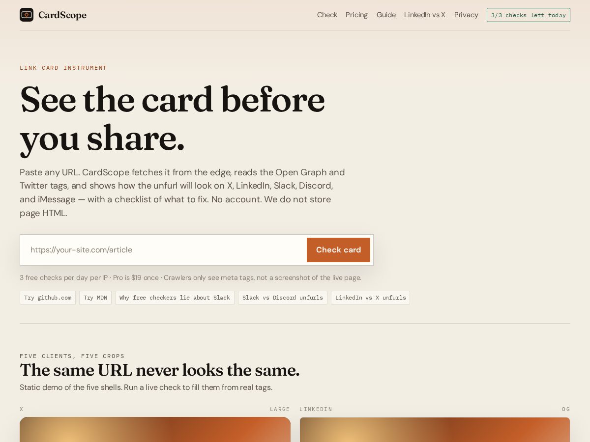 Landing-page snapshot of cardscope.dev