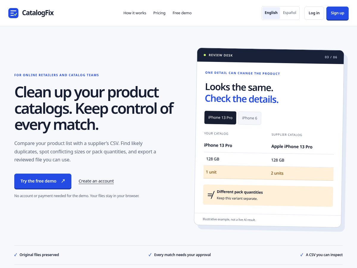 Landing-page snapshot of catalogfix.dev
