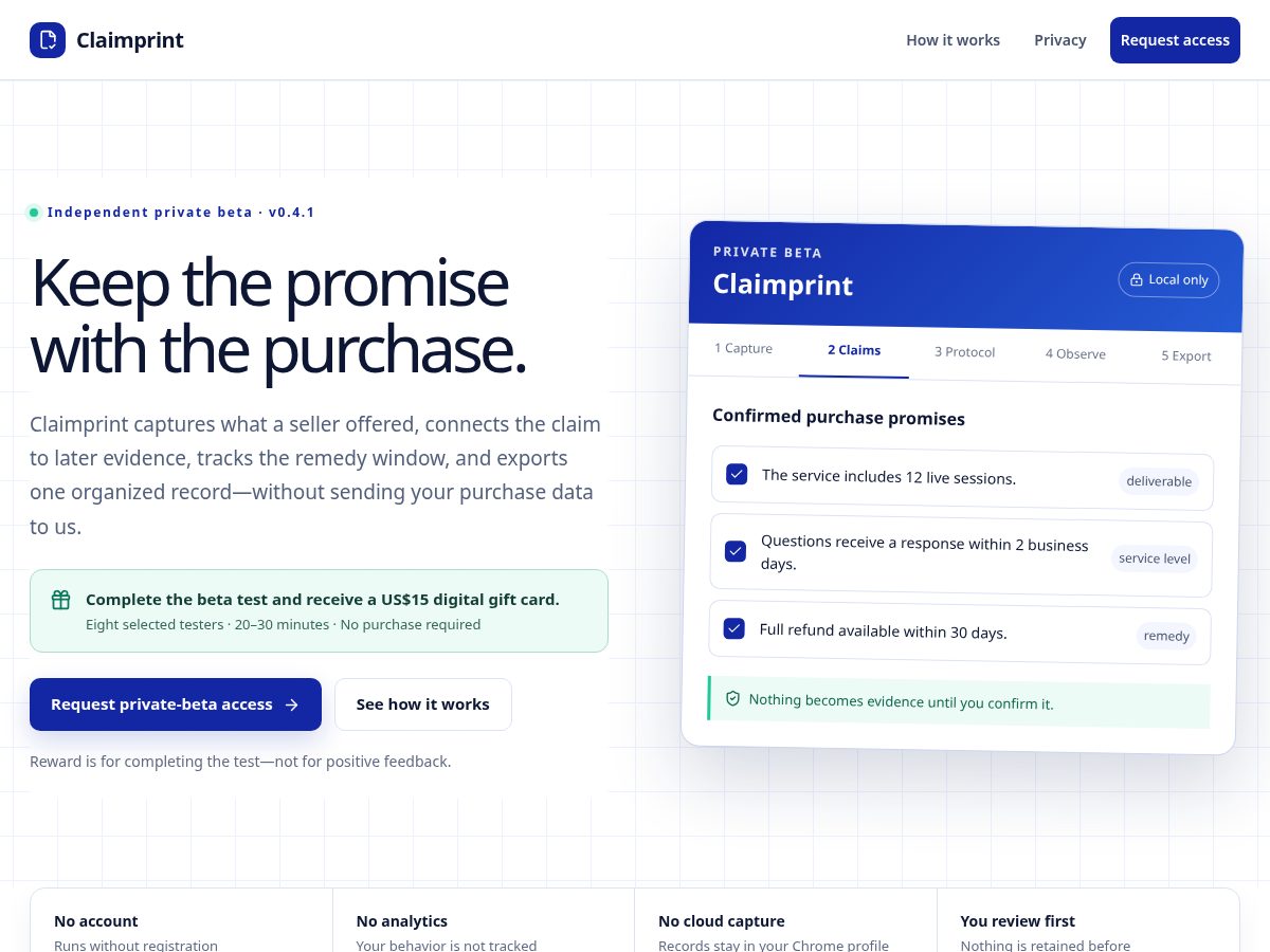 Landing-page snapshot of claimprint.com