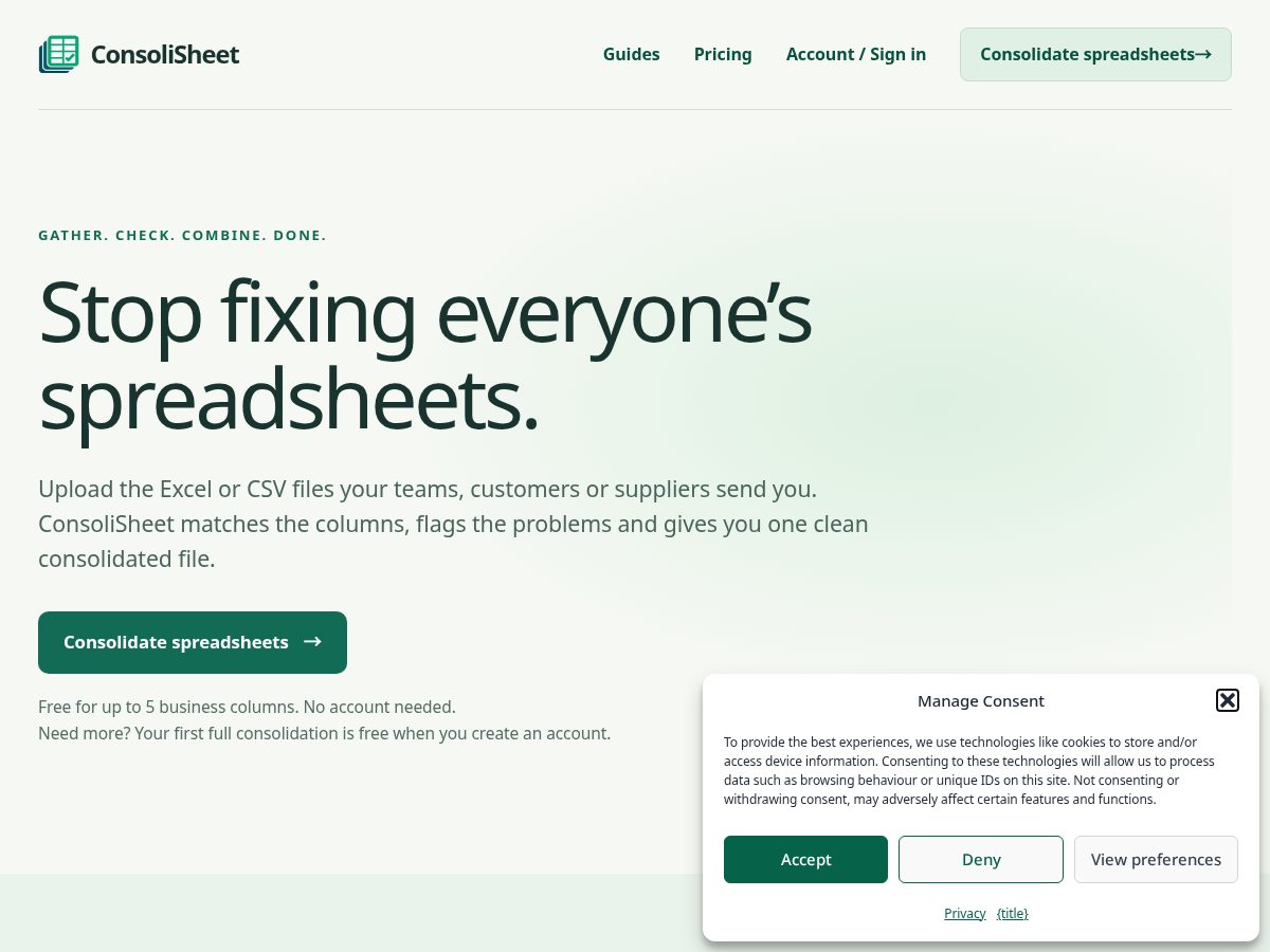 Landing-page snapshot of consolisheet.com
