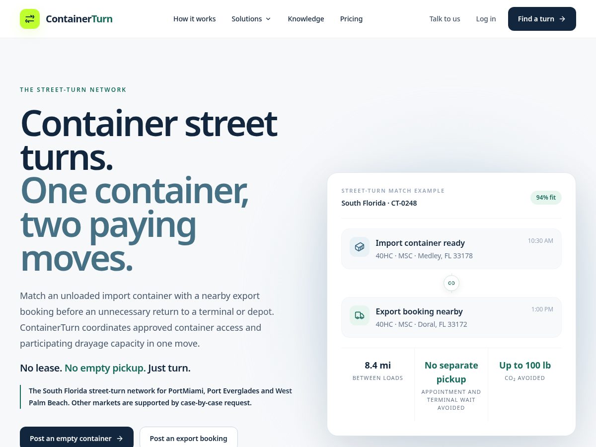Landing-page snapshot of containerturn.com
