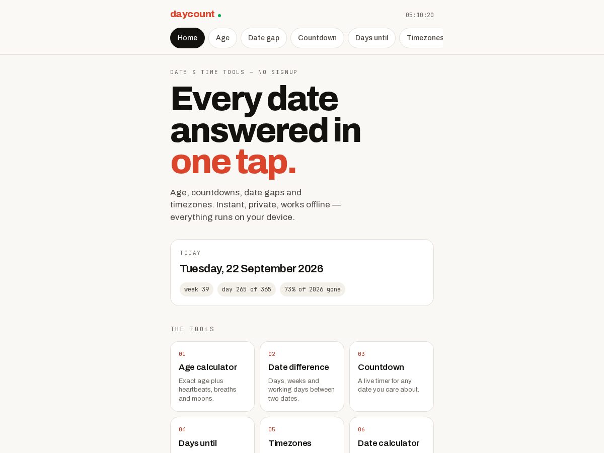 Landing-page snapshot of daycounts.app