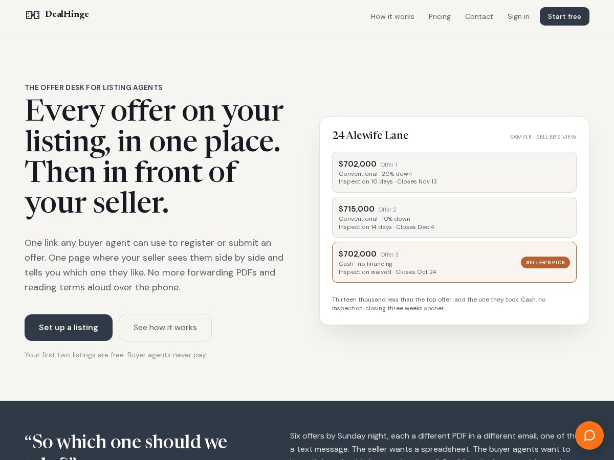 Landing-page snapshot of dealhinge.com