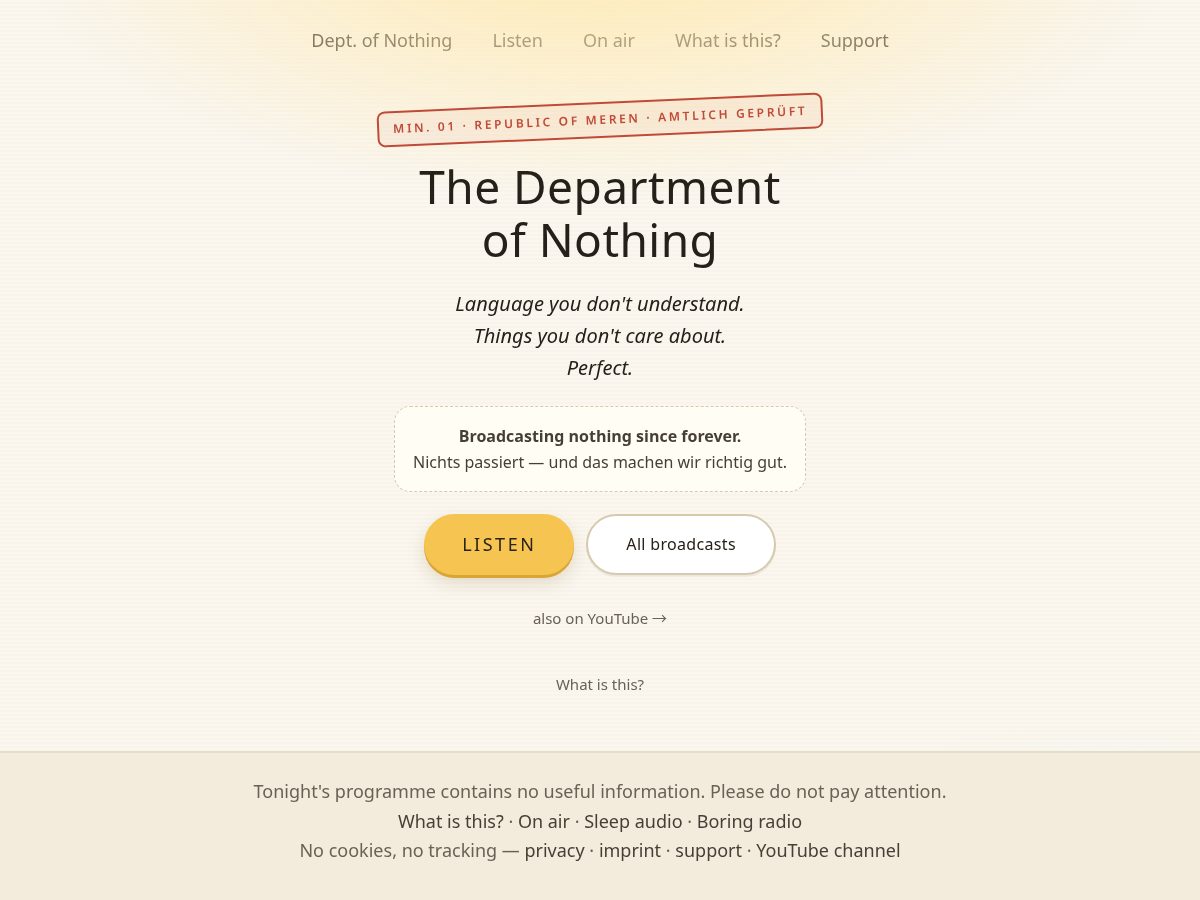 Landing-page snapshot of departmentofnothing.com
