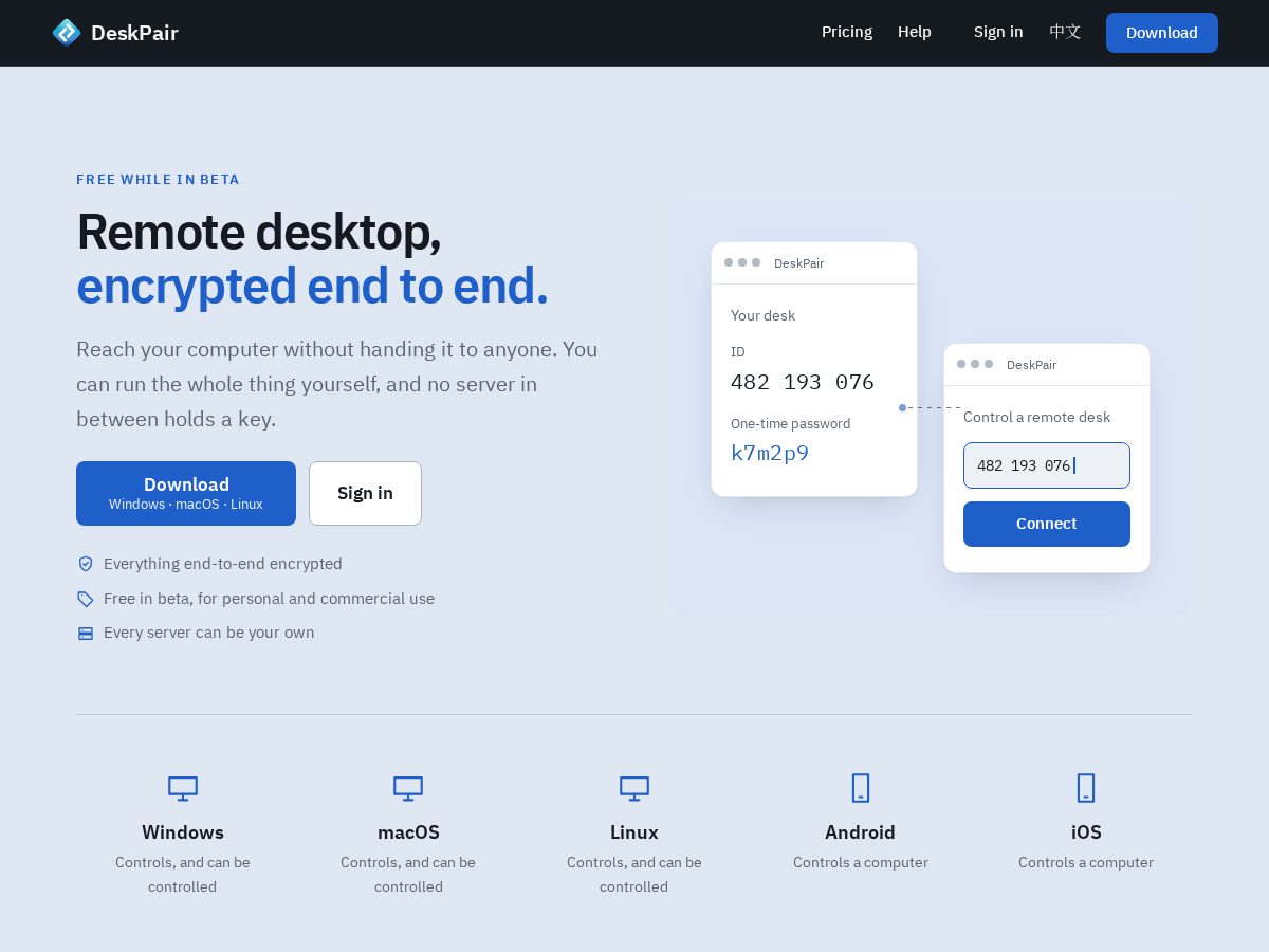 Landing-page snapshot of deskpair.app