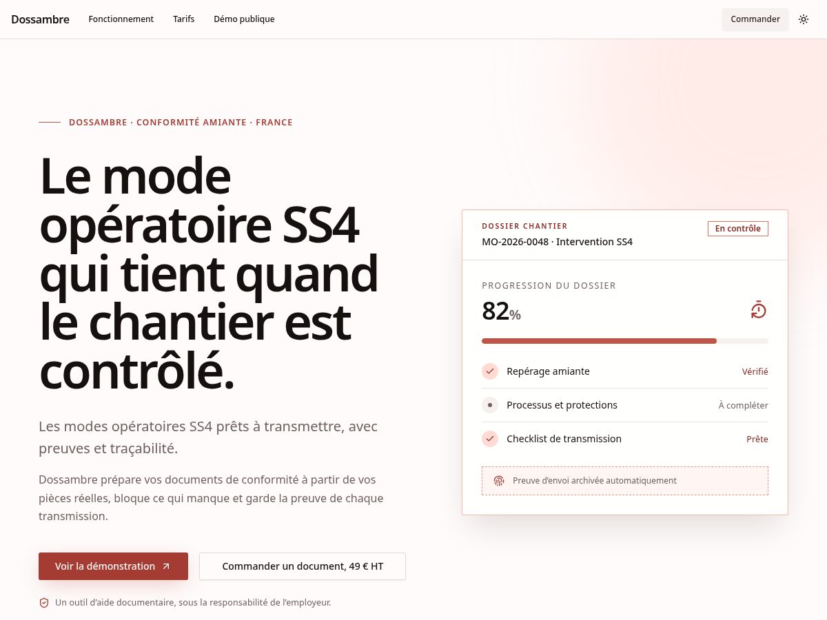 Landing-page snapshot of dossambre.com