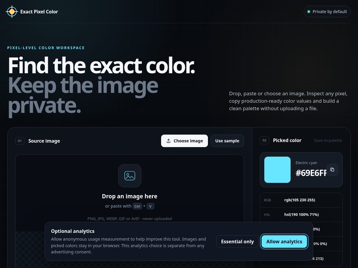 Landing-page snapshot of exactpixelcolor.com