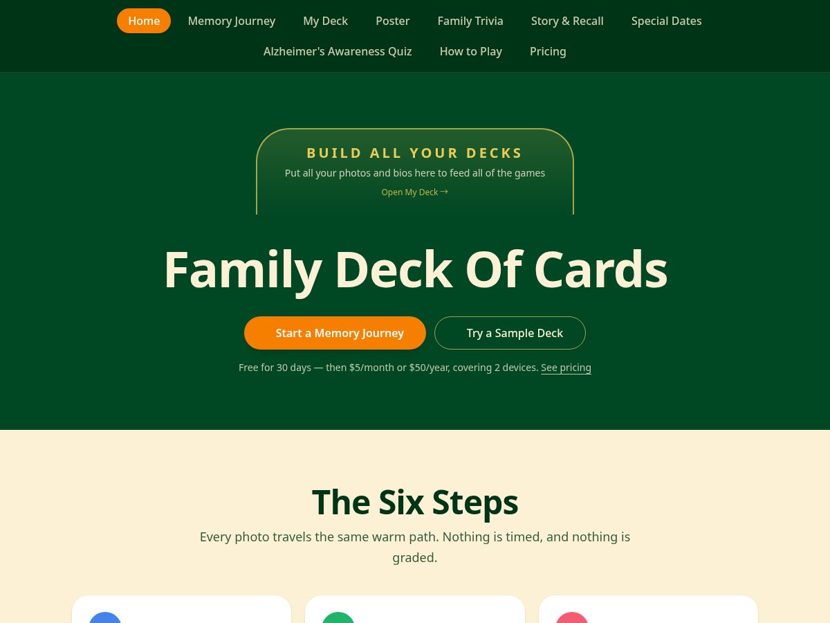 Landing-page snapshot of familydeckofcard.com
