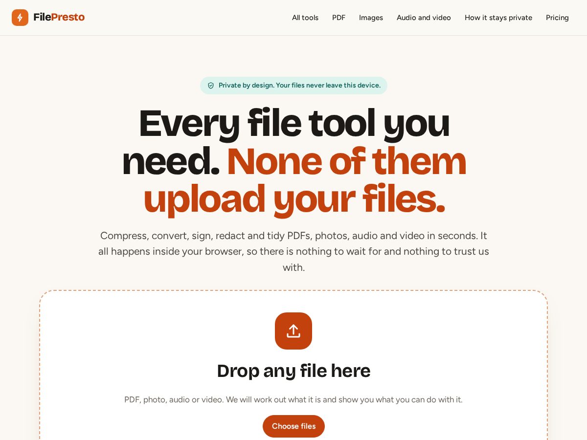 Landing-page snapshot of filepresto.com