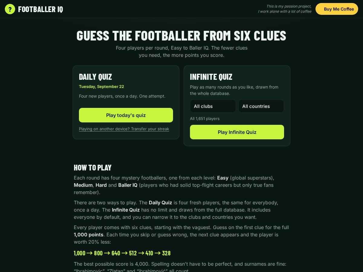 Landing-page snapshot of footballer-iq.com