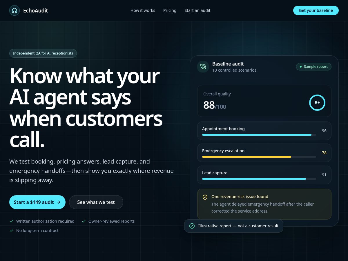 Landing-page snapshot of getechoaudit.com