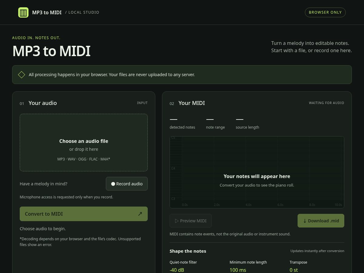 Landing-page snapshot of getmp3tomidi.com
