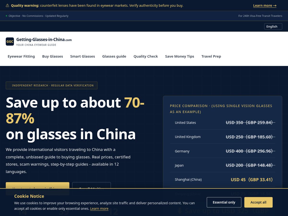 Landing-page snapshot of getting-glasses-in-china.com