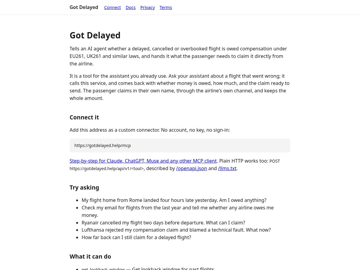 Landing-page snapshot of gotdelayed.help