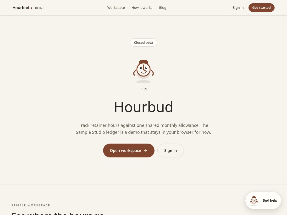 Landing-page snapshot of hourbud.com