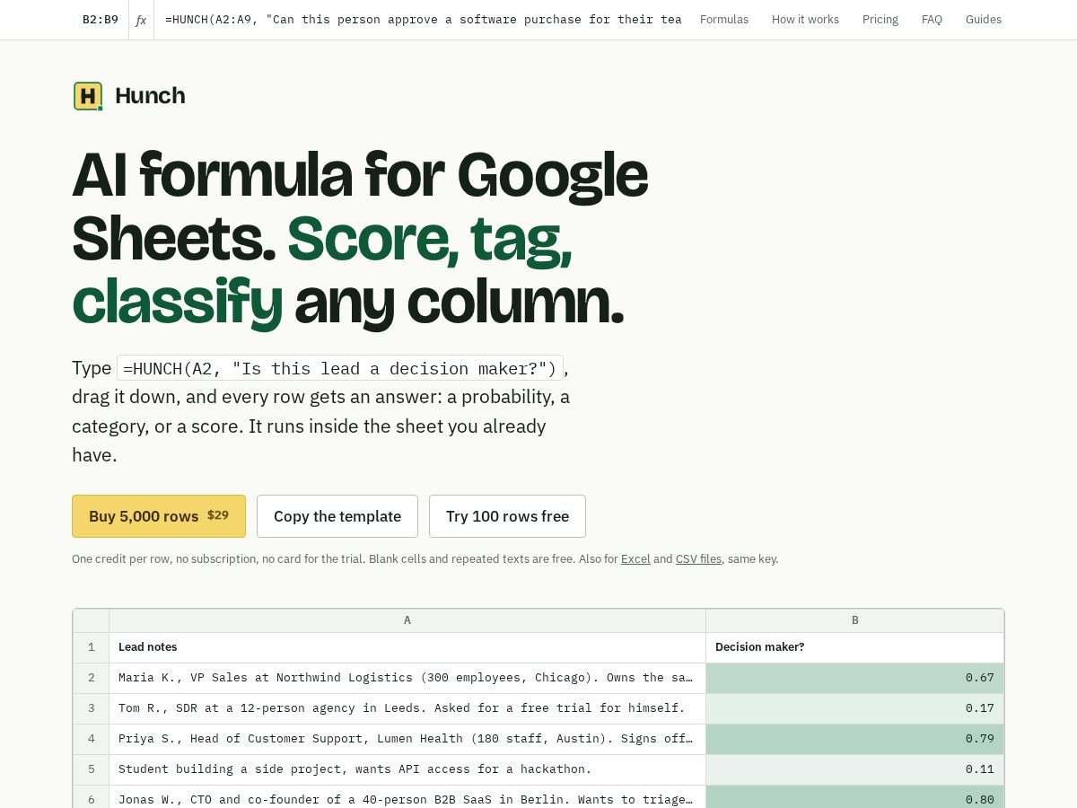 Landing-page snapshot of hunchsheet.app