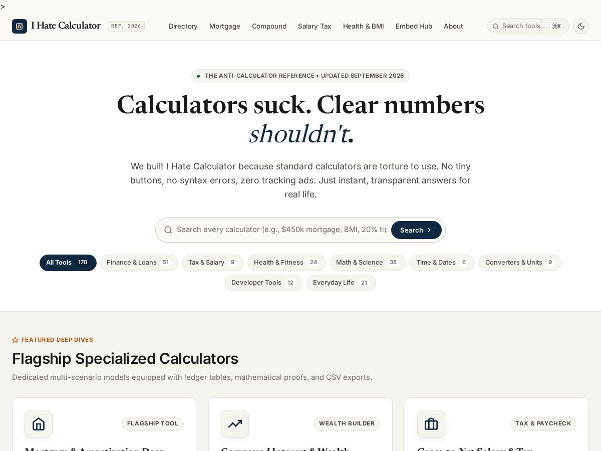 Landing-page snapshot of ihatecalculator.com