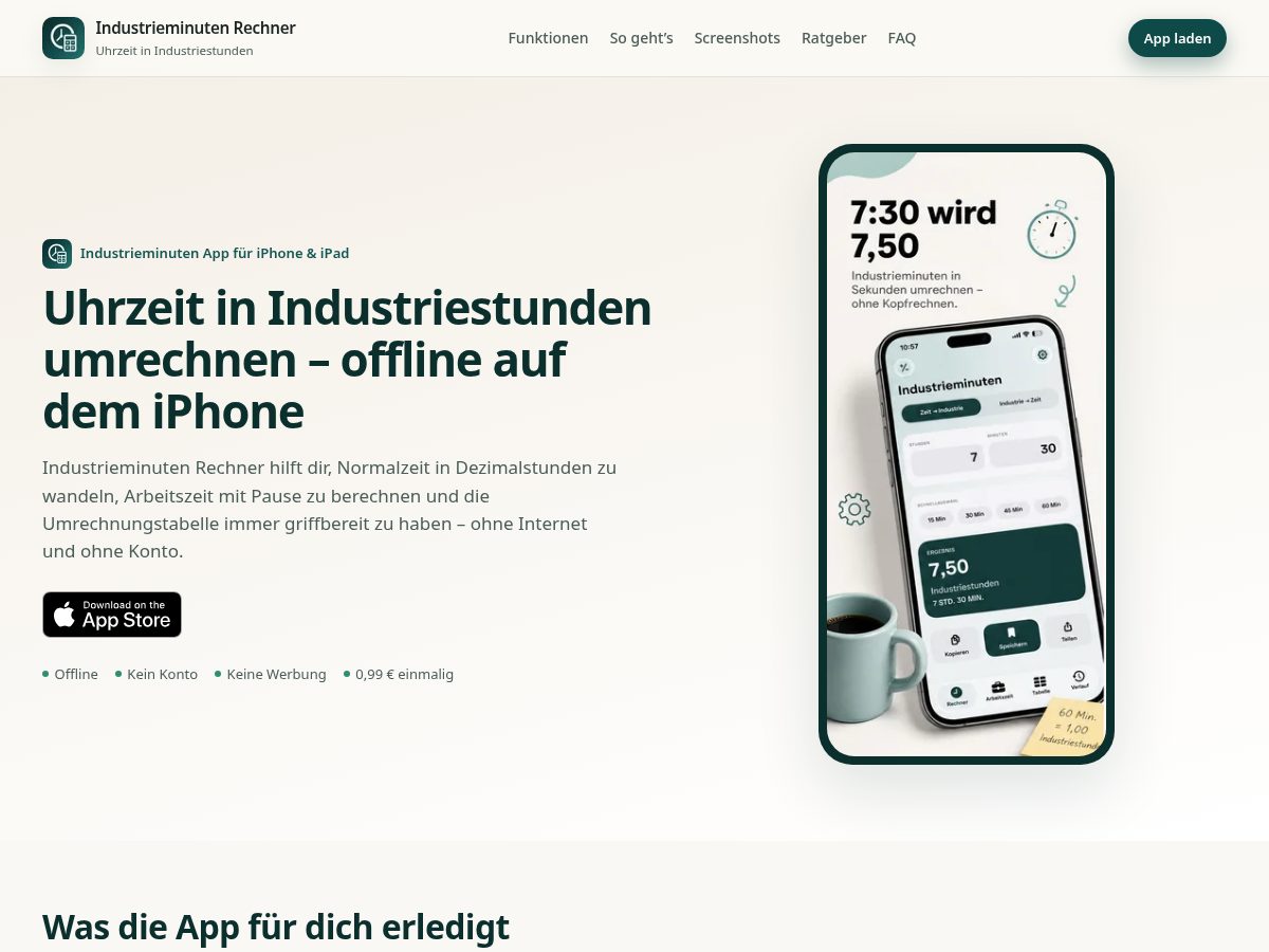 Landing-page snapshot of industrieminuten.app