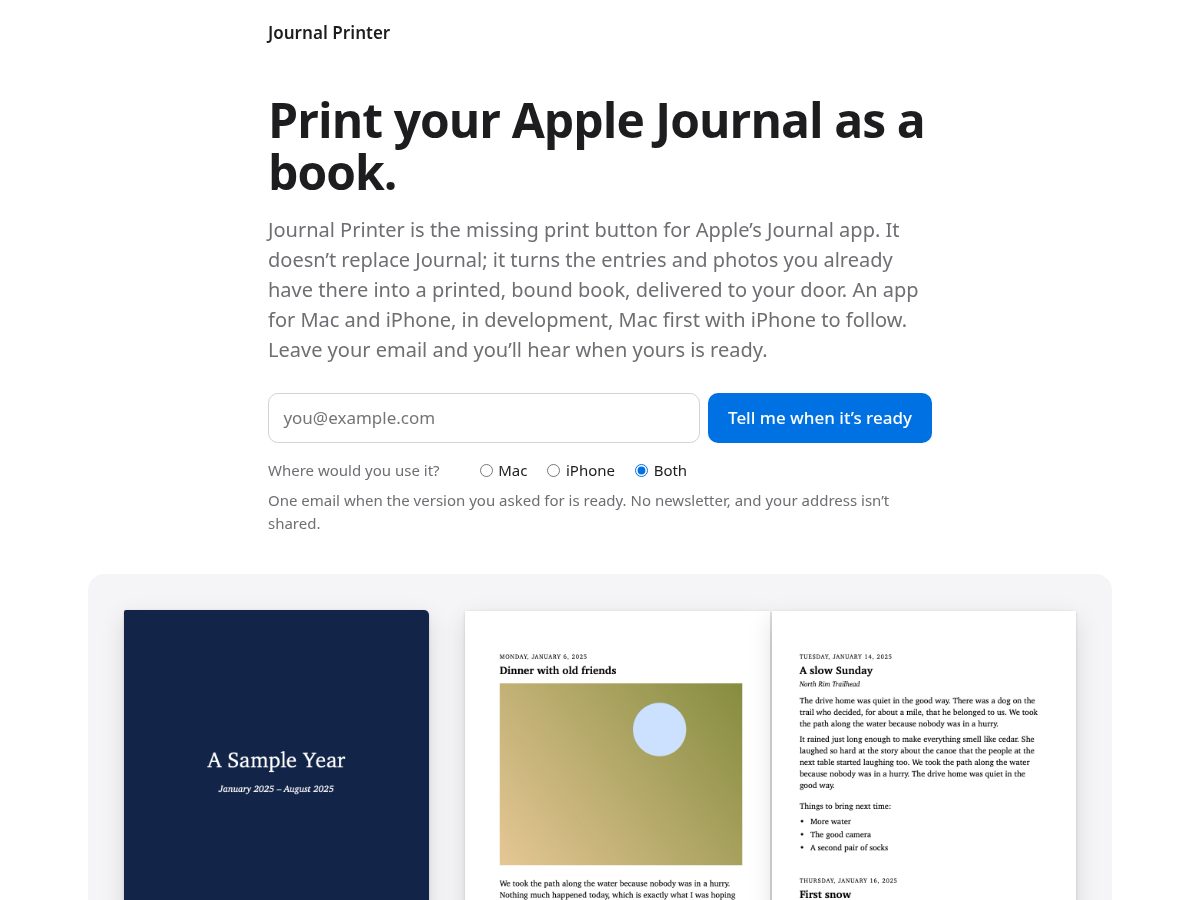 Landing-page snapshot of journalprinter.app