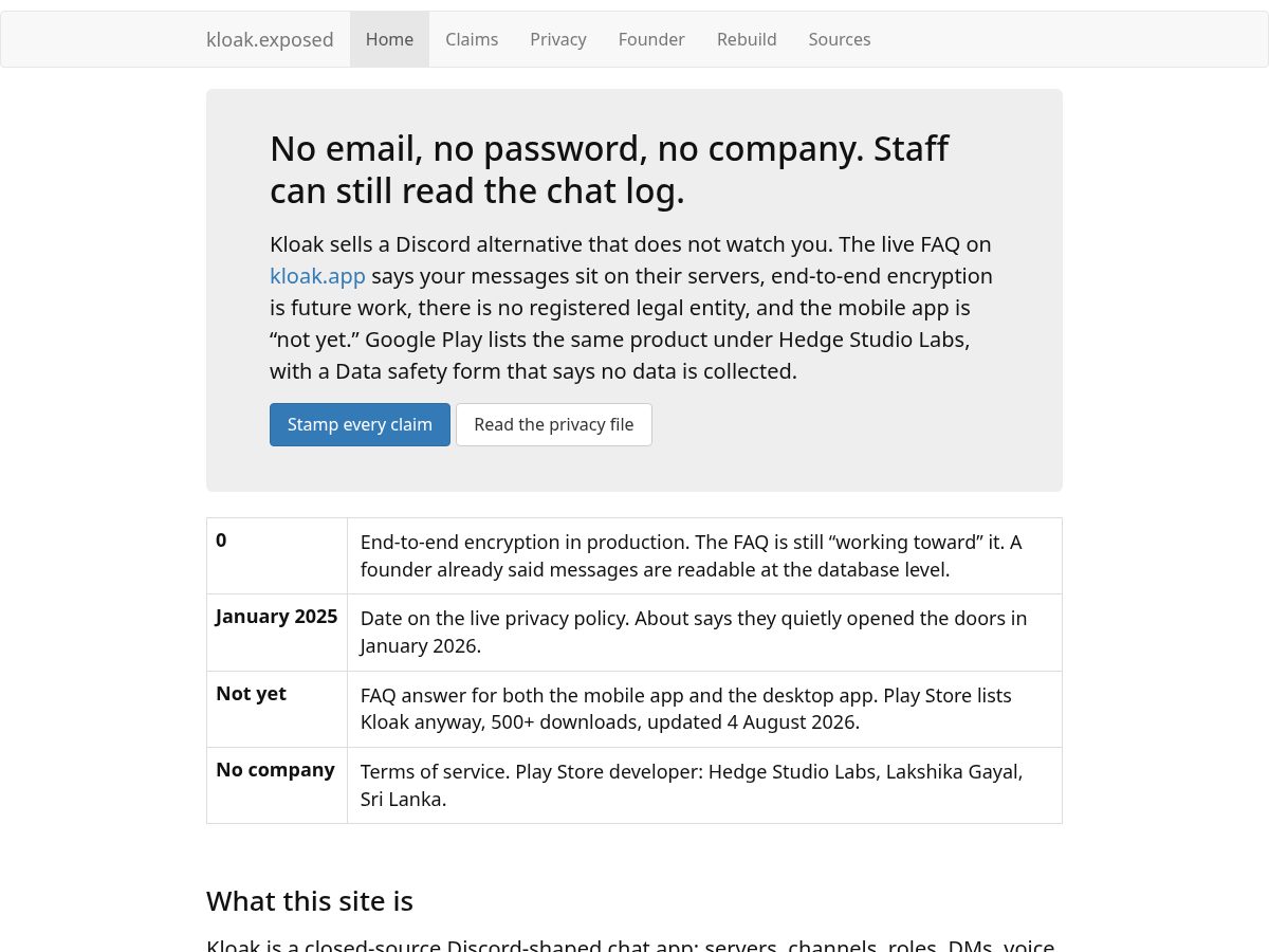 Landing-page snapshot of kloak.exposed