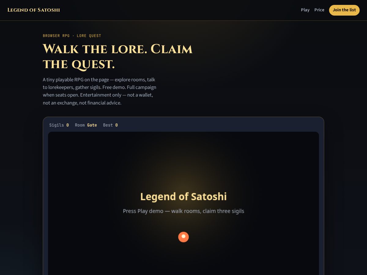 Landing-page snapshot of legendofsatoshi.net