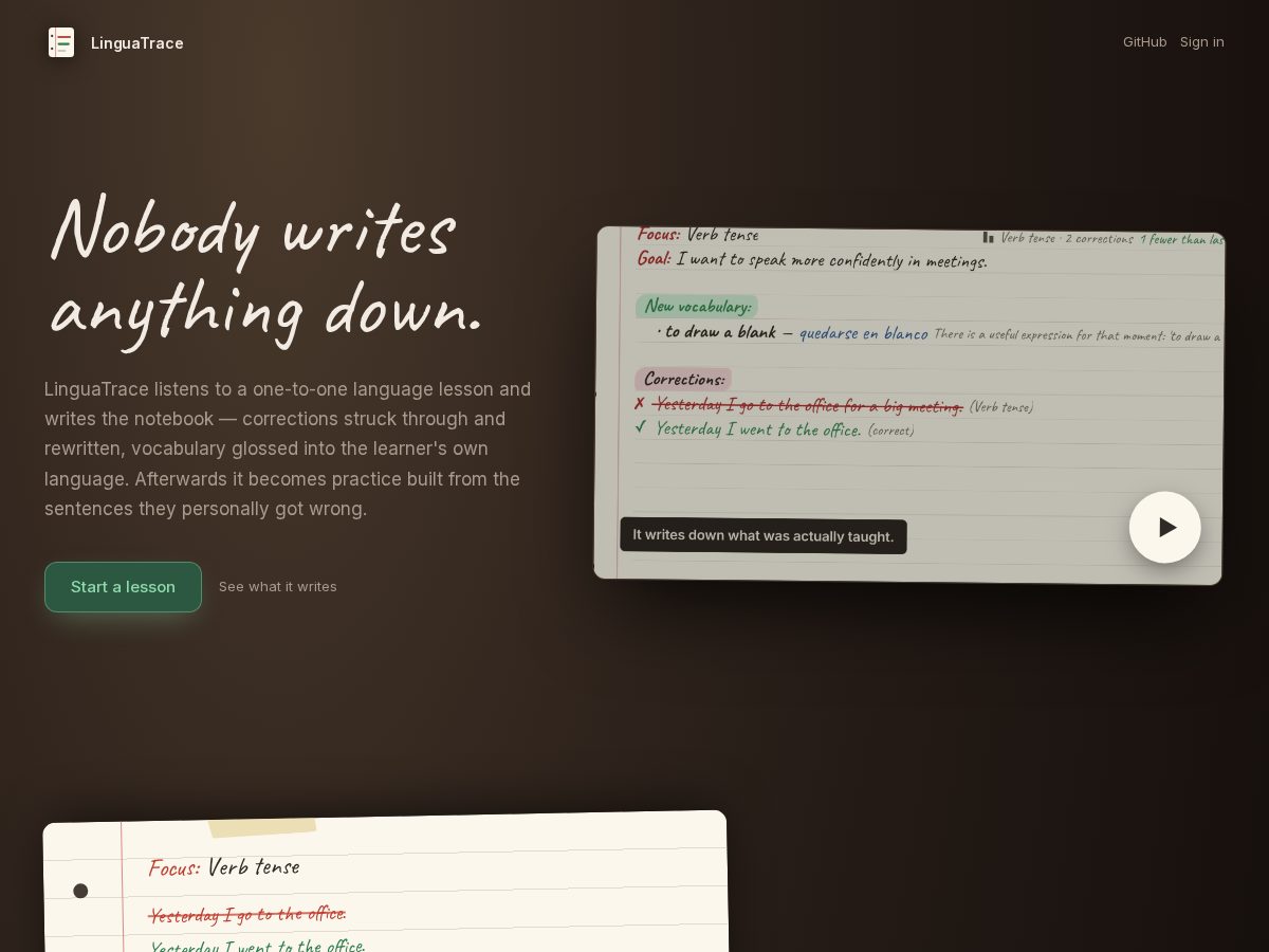 Landing-page snapshot of linguatrace.com
