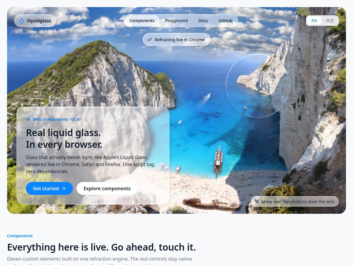 Landing-page snapshot of liquidglass.dev