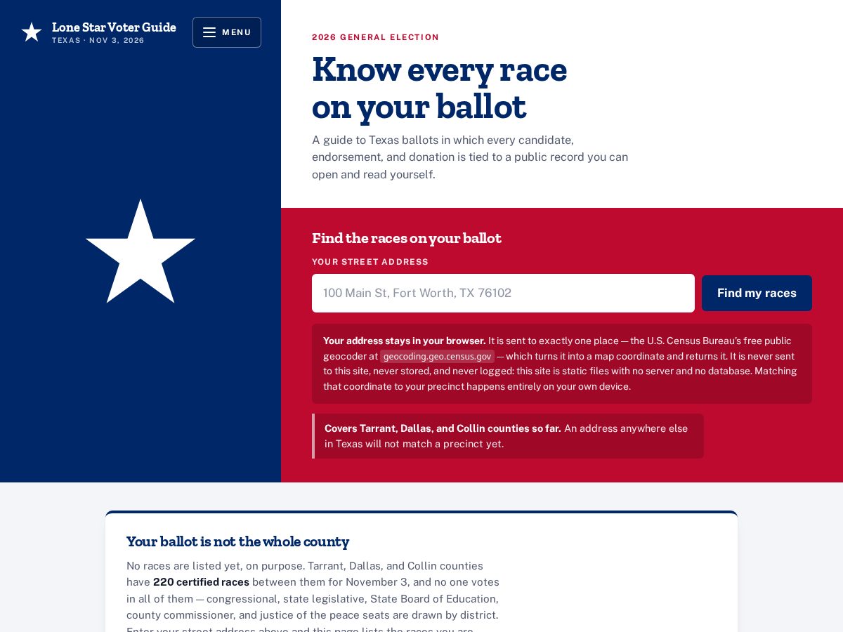 Landing-page snapshot of lonestarvoterguide.org