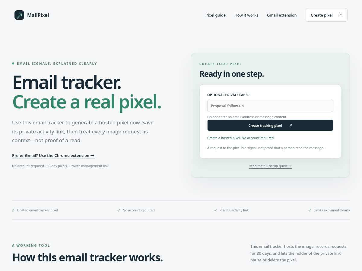 Landing-page snapshot of mailpixel.org