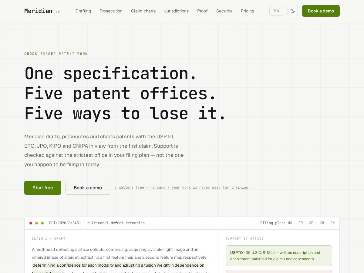 Landing-page snapshot of meridian-ip.com