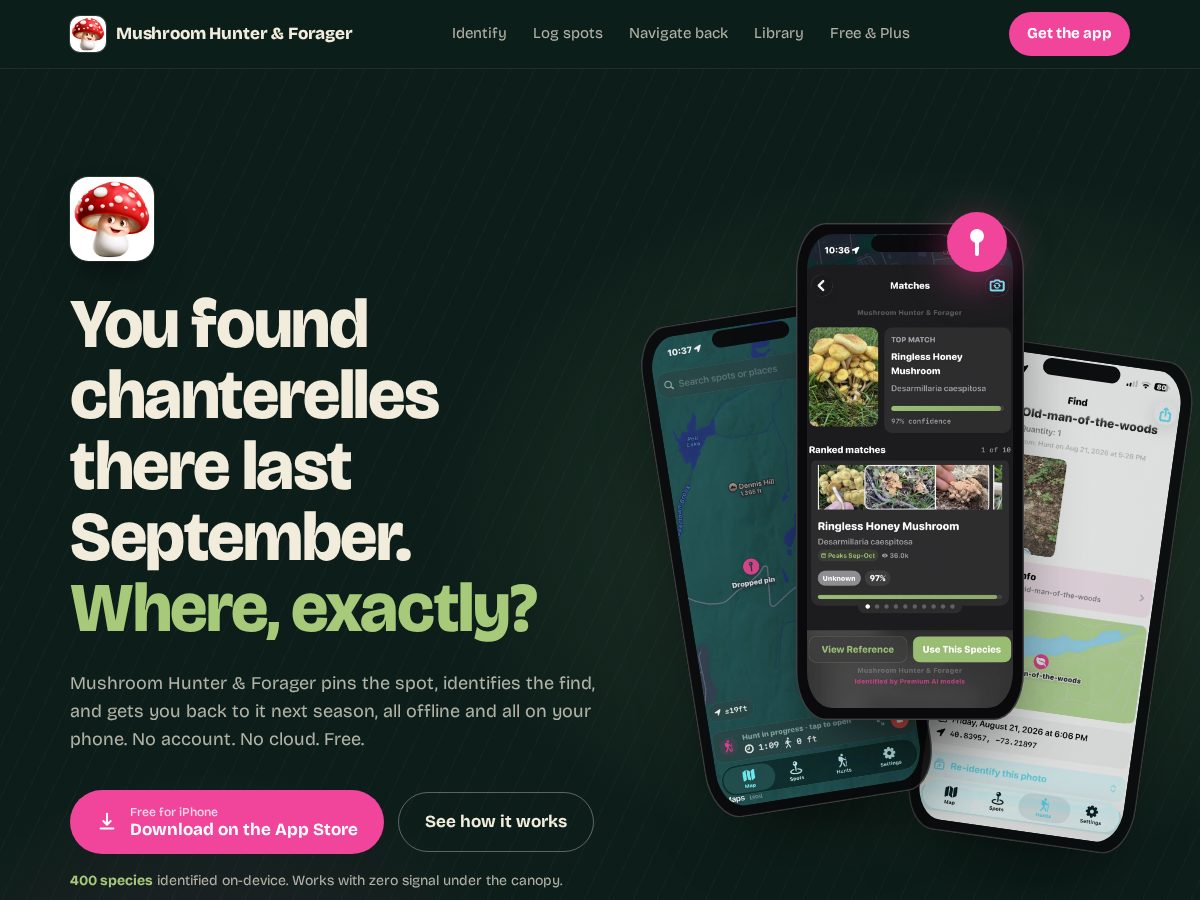 Landing-page snapshot of mushroomhunter.live