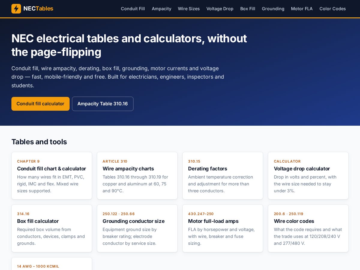 Landing-page snapshot of nectables.com