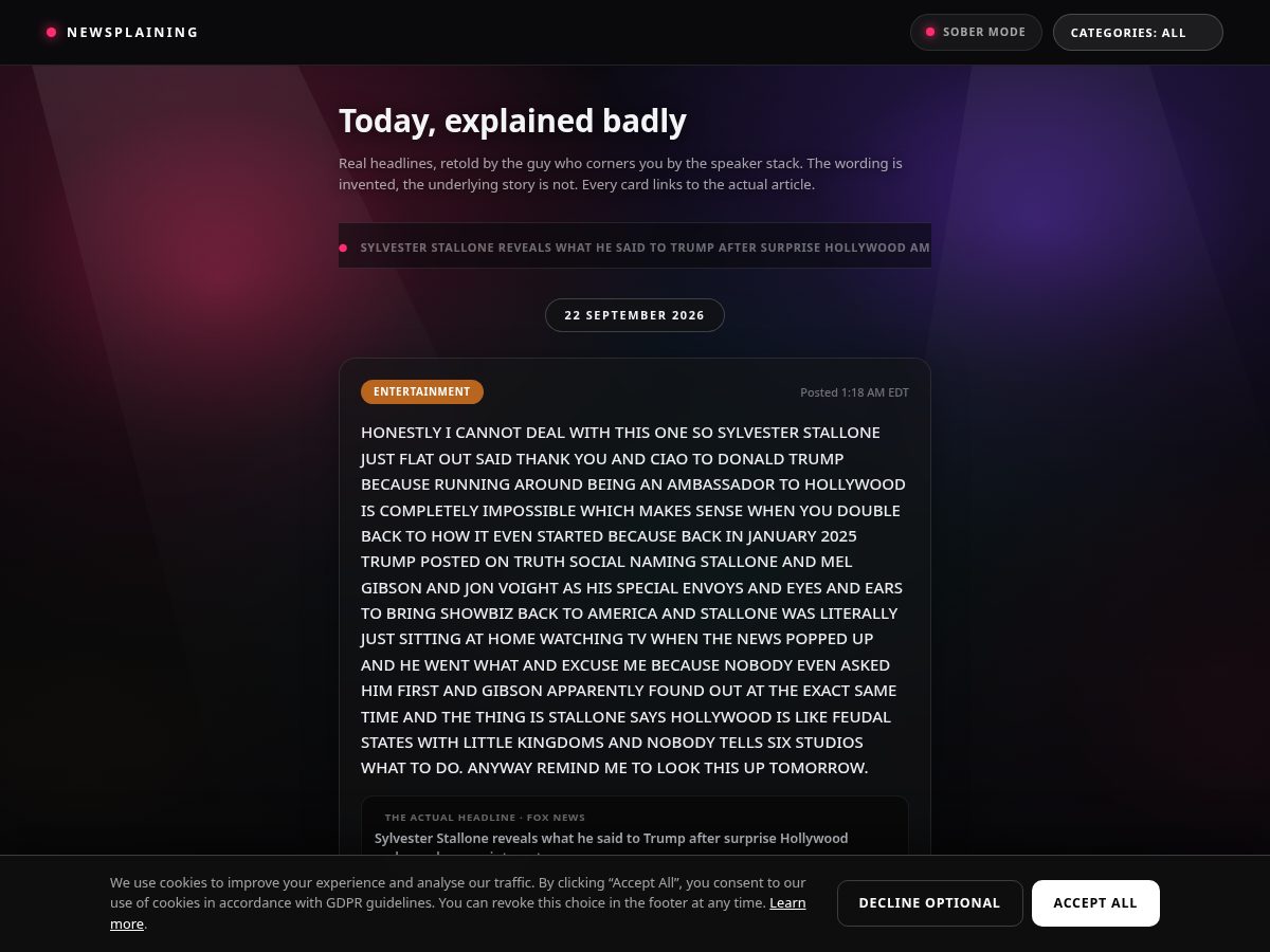 Landing-page snapshot of newsplaining.com