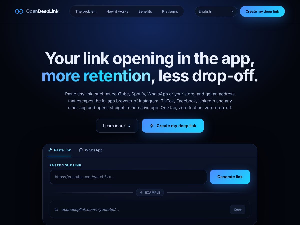 Landing-page snapshot of opendeeplink.com