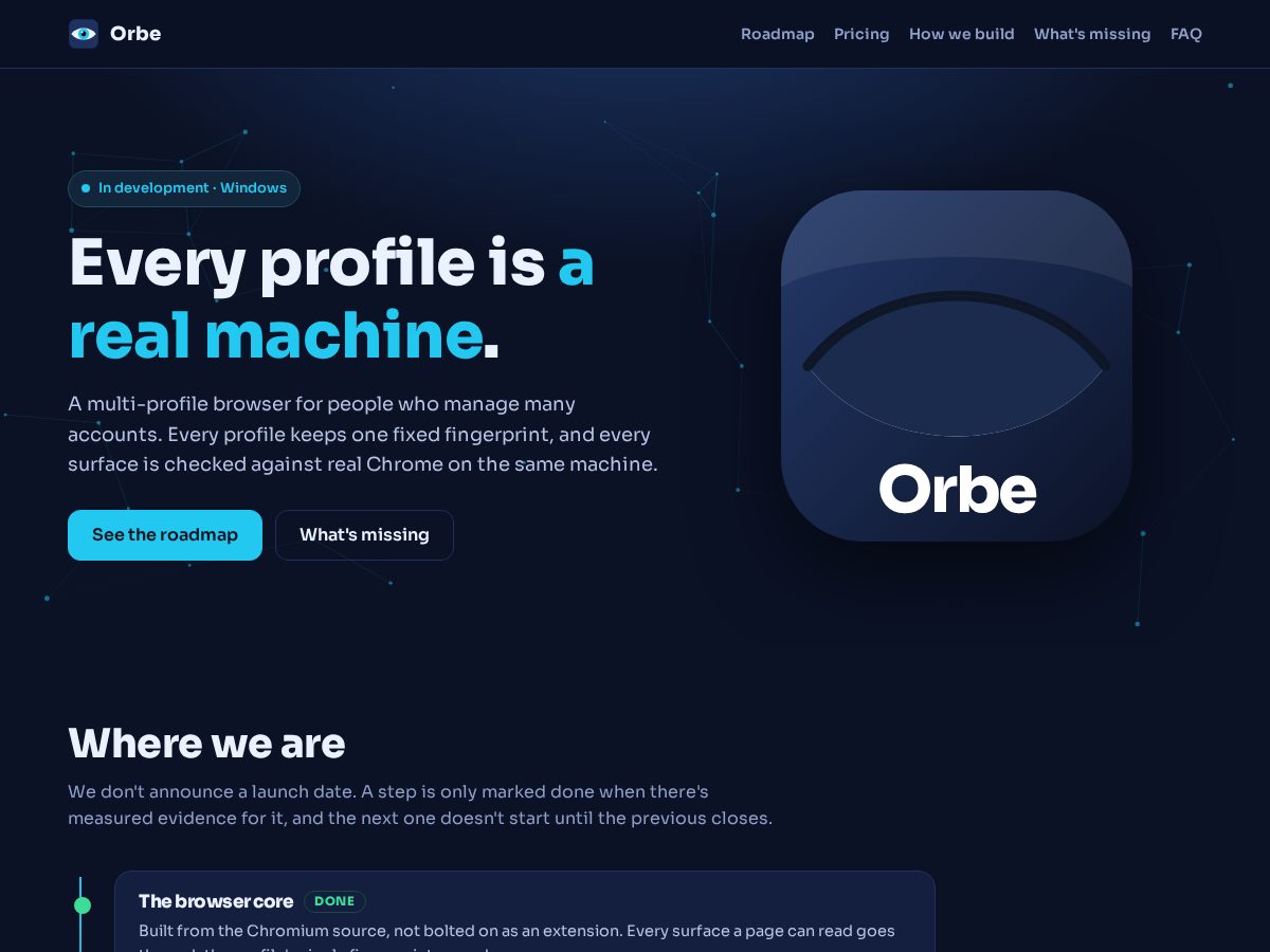 Landing-page snapshot of orbebrowser.com