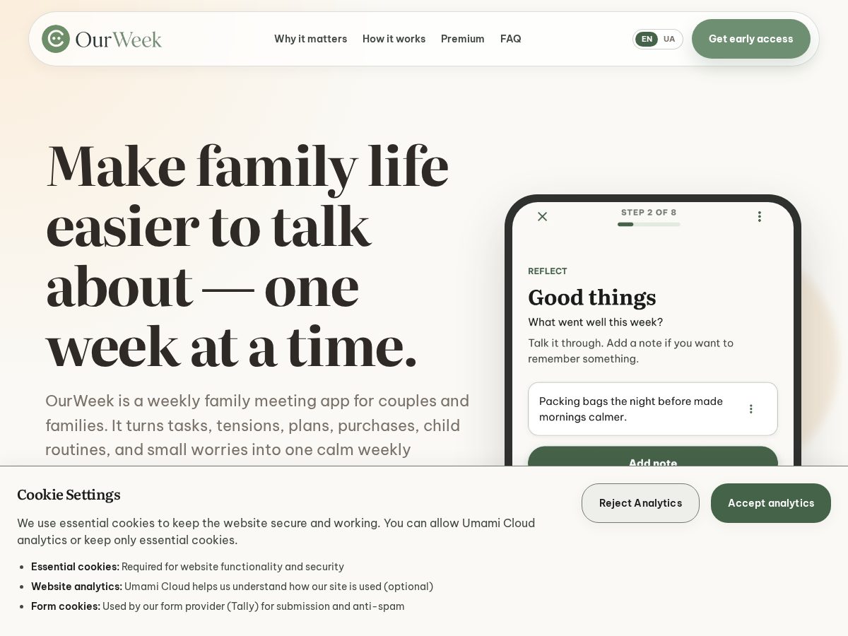 Landing-page snapshot of ourweekapp.com
