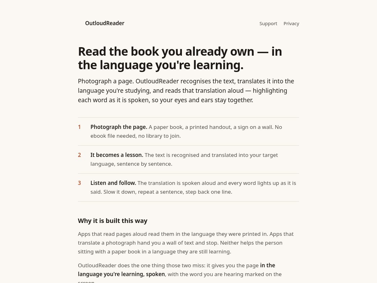 Landing-page snapshot of outloudreader.app