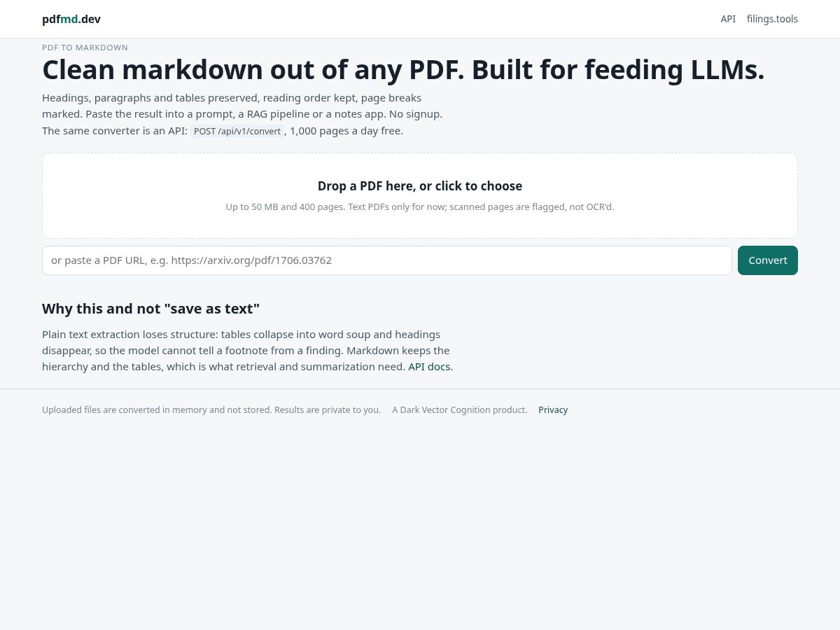 Landing-page snapshot of pdfmd.dev