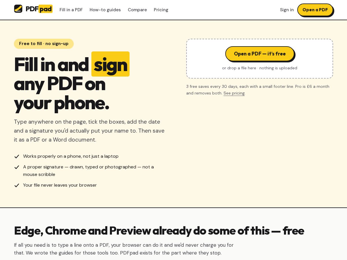 Landing-page snapshot of pdfpad.app
